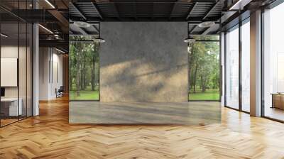 Industrial loft style empty room with blank concrete wall 3d render,There are polished concrete floor and wall,black steel structure,There are large windows look out to see the nature Wall mural