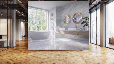 Luxury style light gray bathroom 3d render,There are marble floor and wall ,wooden sink counter and copper frame mirror,Rooms have large windows, overlook nature view,sunlight shining into the room. Wall mural