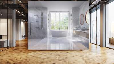 Luxury style light gray bathroom 3d render,There are marble floor and wall ,wooden sink counter and copper frame mirror,Rooms have large windows, overlook nature view. Wall mural