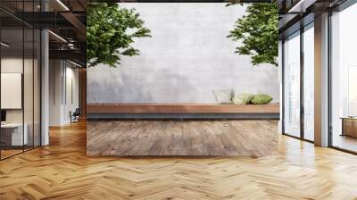 Minimal loft style outdoor terrace 3d render,There are wooden floors, empty concrete walls decorate with long wood bench and green pillow Wall mural