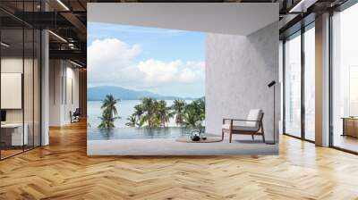 Minimal loft style swimming pool terrace with sea view 3d render,there are concrete floor and wall, decorate with wooden chair,overlooking sea,island and sky view. Wall mural