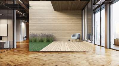 Minimal style wooden terrace with green lawn 3d render,There are empty wood plank wall,decorate with modern gray chair. Wall mural