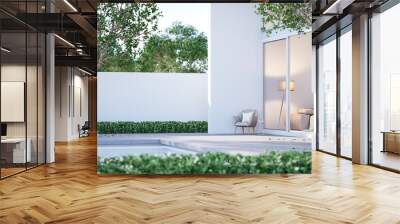 Minimalist modern white house exterior with swimming pool terrace 3d render Decorated with gray fabric furniture surrounded with green nature ,peaceful, comfortable, suitable for relaxation. Wall mural