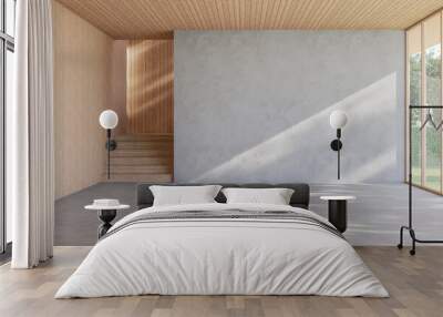 Modern contemporary loft empty room with nature view 3d render There are wooden stair plank wall and ceiling and blank concrete wall for copy space Wall mural