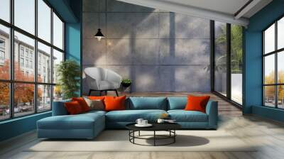 Modern contemporary loft style living room with empty concrete wall for copy space 3d render the room has plank floor decorated with gray fabric chair large window with nature view Wall mural