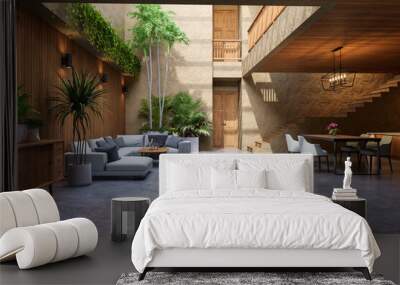 Modern contemporary loft style rustic room interior 3d render there are concrete floor clay wall decorated with nature plant sunlight entering the room from above Wall mural