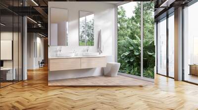 Modern contemporary style restroom with tropical style nature view 3d render,There are wooden floor decorated with wooden sink counter sunlight shine into the room Wall mural