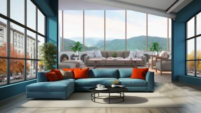 Modern living room with mountain view 3d rendering image. There are wood floor.Furnished with fabric and wooden furniture. There are large window overlooking the surrounding nature and mountain Wall mural