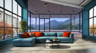 Modern loft room space with nature view 3d render,With a dark gray tile floor and concrete ceiling. There are large  window, looking out to see wood terrace and mountain view. Wall mural