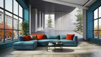 Modern loft style terrace with pine and hay garden 3d render There are concrete floor and empty gray plank wall sunlight shine to inside Wall mural