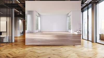 Modern style empty house interior with blank white wall 3d render,There are white paint walls,wooden floors  with large windows overlooking nature view. Wall mural