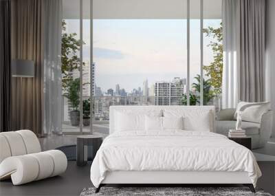 Modern style white bedroom with large open door overlooking city view 3d render, Decorate with white fabric furniture ,Sunlight shines into the room. Wall mural