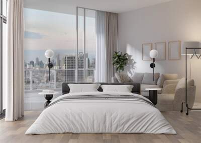 Modern style white living room with large open door overlooking city view 3d render, Decorate with white fabric furniture ,Sunlight shines into the room. Wall mural