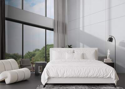 Modern white living room with sunlight shine into the room 3d render,There are empty white wall ,decorate with gray fabric furniture, large window overlooking nature view Wall mural