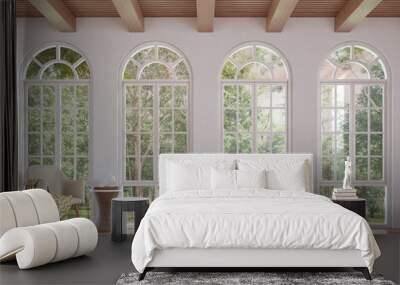 Scandinavian living room 3d rendering image.The Rooms have wooden floors and ceilings with white walls .There are arch shape window overlooking to the nature. Wall mural