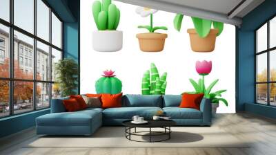 Set of small cute cartoon style colorful plant in pot for home interior decoration, 3D rendering illustration on white background with clipping path Wall mural