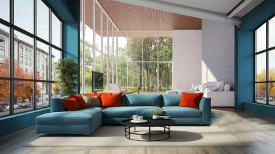 Tropical house living room 3d render.The Rooms have wooden floors and ceiling,concrete tile wall.furnished with white fabric furniture.There are large window. Overlooks to garden view. Wall mural