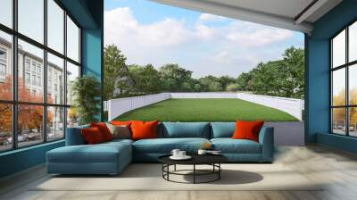 Vacant land a green lawn with a white fence around in front of the road the background is natural 3d render Wall mural