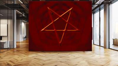 Reversed Pentagram symbol. Wiccan symbols- Cross of Sulfur. Blood red runic spell circle. Satanic sign, Magic casting ring. Pentalpha, Pentangle. 3d illustration. Wall mural