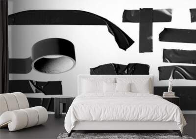 Set of black tapes on white background. Torn horizontal and different size black sticky tape, adhesive pieces. Wall mural