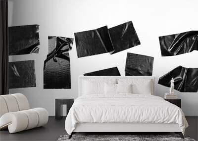 Set of black tapes on white background. Torn horizontal and different size black sticky tape, adhesive pieces. Wall mural