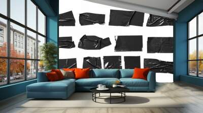 Set of black tapes on white background. Torn horizontal and different size black sticky tape, adhesive pieces. Wall mural