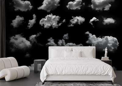 Set of white cloud on black background. Wide sky and clouds dark tone. Wall mural