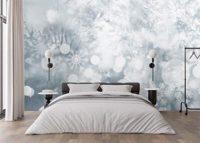 white and gray Christmas light with snowflake bokeh background, Winter backdrop wallpaper. Wall mural