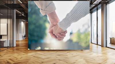 Senior couple, holding hands and love in support, care or relationship in nature garden or park outdoors. Hand of elderly man and woman touching in loving romance, trust or partnership together Wall mural