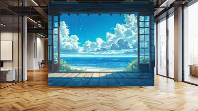 beautiful anime japan background view in window with japan room, ocean blue view outside window Wall mural