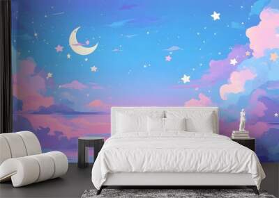 Dreamy Crescent Moon Sky. Vibrant sunset with crescent moon and colorful clouds in a starry sky. Enchanting and peaceful evening scene Wall mural