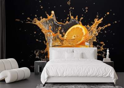 Slice of fresh orange with a splash of water isolated on the studio background. Concept of product package design element. Generative AI Wall mural