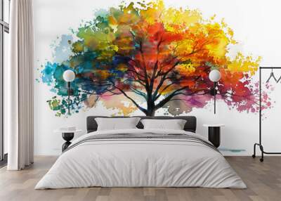 A vibrant watercolor painting of a tree with colorful leaves. The tree is a symbol of growth, life, and nature. Wall mural