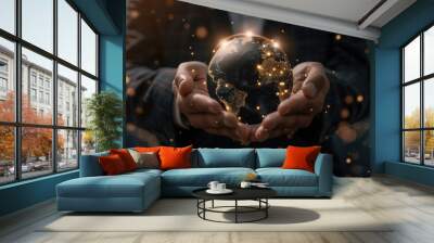 Businessman holding global network and data exchanges over the world, generative ai Wall mural