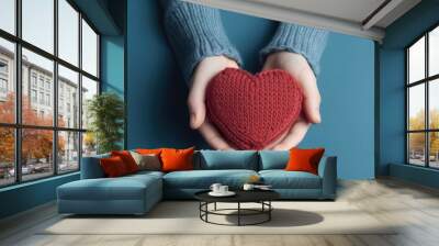 Child hands holding red heart,health care, donate and family insurance concept,world heart day, world health day, CSR responsibility, adoption foster family, hope, gratitude, kind, generative ai Wall mural