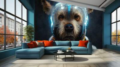 Close up - The cosmonaut dog dressed in a space suit with a helmet on a dark background, Animal travel in space concept. 3d illustration. Wall mural