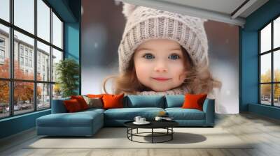 Cute little baby girl smiling wearing woolen cap and scarf and winter clothes with snow day in winter. Playing outside on Christmas holiday, generative ai Wall mural