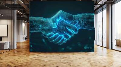 Digital handshake on blue technology background. Abstract two hands in lines, connected dots, and triangles, Business partnership concept, generative ai Wall mural