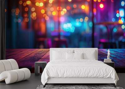 Empty wooden table with neon light bokeh background, night view, blurred bokeh lights background, generative ai Wall mural