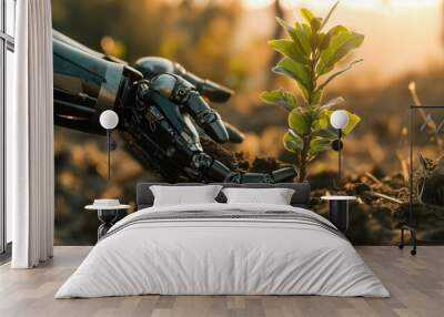 Environmental technology concept, Robot hand holding small plants, Artificial Intelligence and Technology ecology, Green technology and Environmental technology, AI, generative ai Wall mural