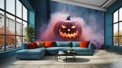 Halloween concept - pumpkin with a scary luminous face in smoke and neon light background, dark, Copy space, generative ai Wall mural