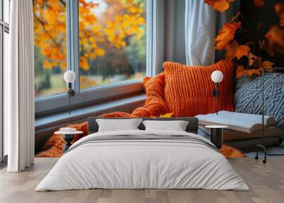 Home interior with cozy leisure area beside window with view on nature in autumn. Windowsill with blanket, cushions and paper book. Enjoy weekend morning, generative ai Wall mural