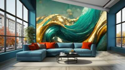 Luxury abstract background waves gold and turquoise color. 3d illustration. Wall mural