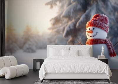 Merry Christmas and happy new year concept, Happy snowman standing in Christmas winter background, Copy space, generative ai Wall mural