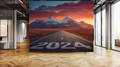 New year 2024, Concept photo written on the road in the middle of asphalt road at morning winter, A conceptual photo of the path leading to a bright future, generative ai Wall mural