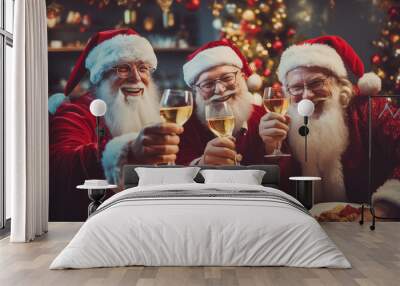 Santa Claus and friends with a glass of sparkling wine champagne toasting happily for Christmas in a beautiful and luxurious restaurant with Christmas decoration, generative ai Wall mural