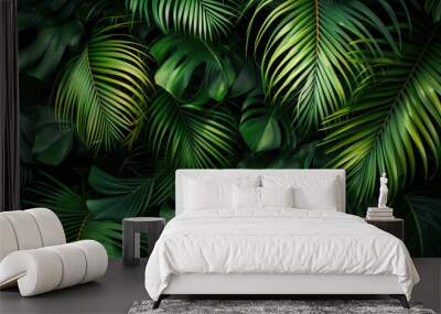 Tropical leaves Monstera and palm tree leaf. Flat lay, top view, generative ai Wall mural