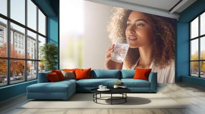 Woman drink water start new day with healthy life habit, Female holding glass drinking clean mineral natural still water in living room at home morning, Lifestyle healthcare concept, generative ai Wall mural