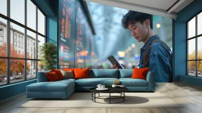 Young asian man in international airport, using mobile smartphone and checking flight at the flight information board, Tourist journey trip concept, generative ai Wall mural