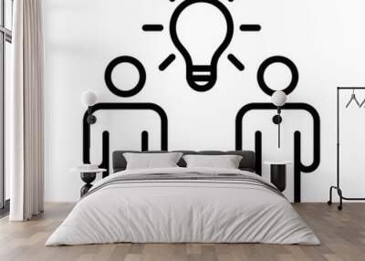 Minimalist line vector of two people with a lightbulb, representing collaboration, brainstorming, and teamwork to generate ideas. Suitable for business and project planning themes. Editable stroke. Wall mural